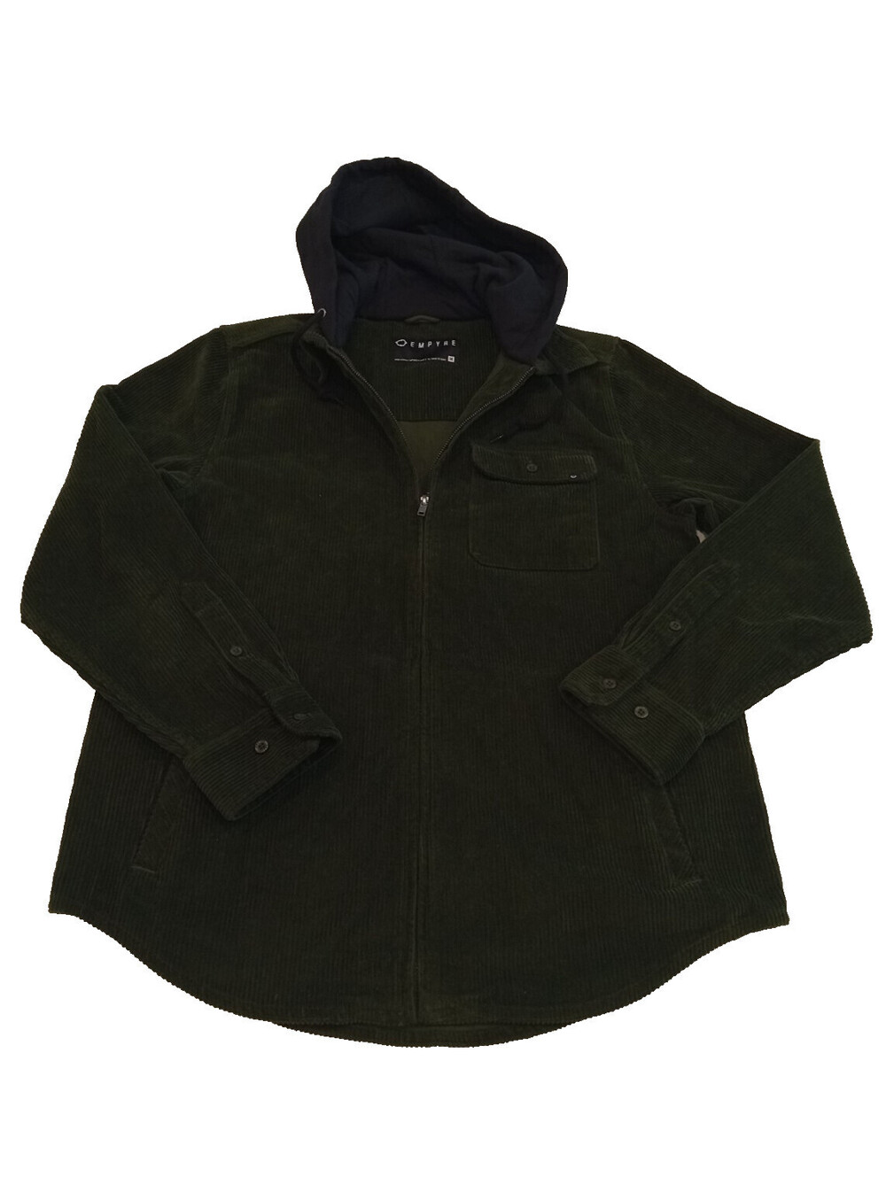 Empyre Fluke Corduroy Shirt Mens Medium Green Hooded Long Sleeve Woven Jacket M
